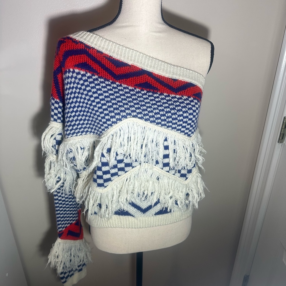 Hazel and Olive Checkered One Shoulder Sweater Fringe Small